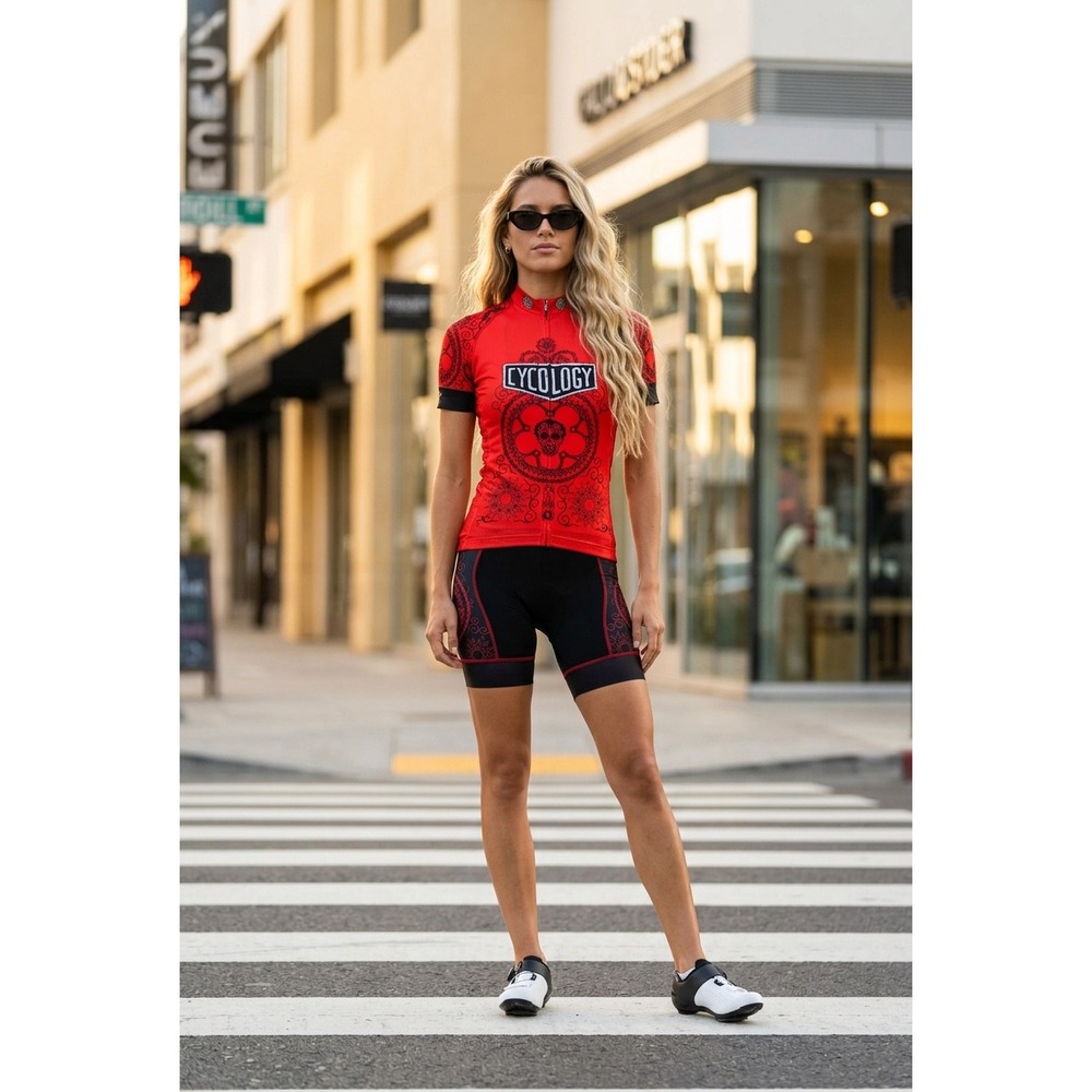 Cycology Day of the Living Red Sugar Skull Cycling Jersey Womens Small S